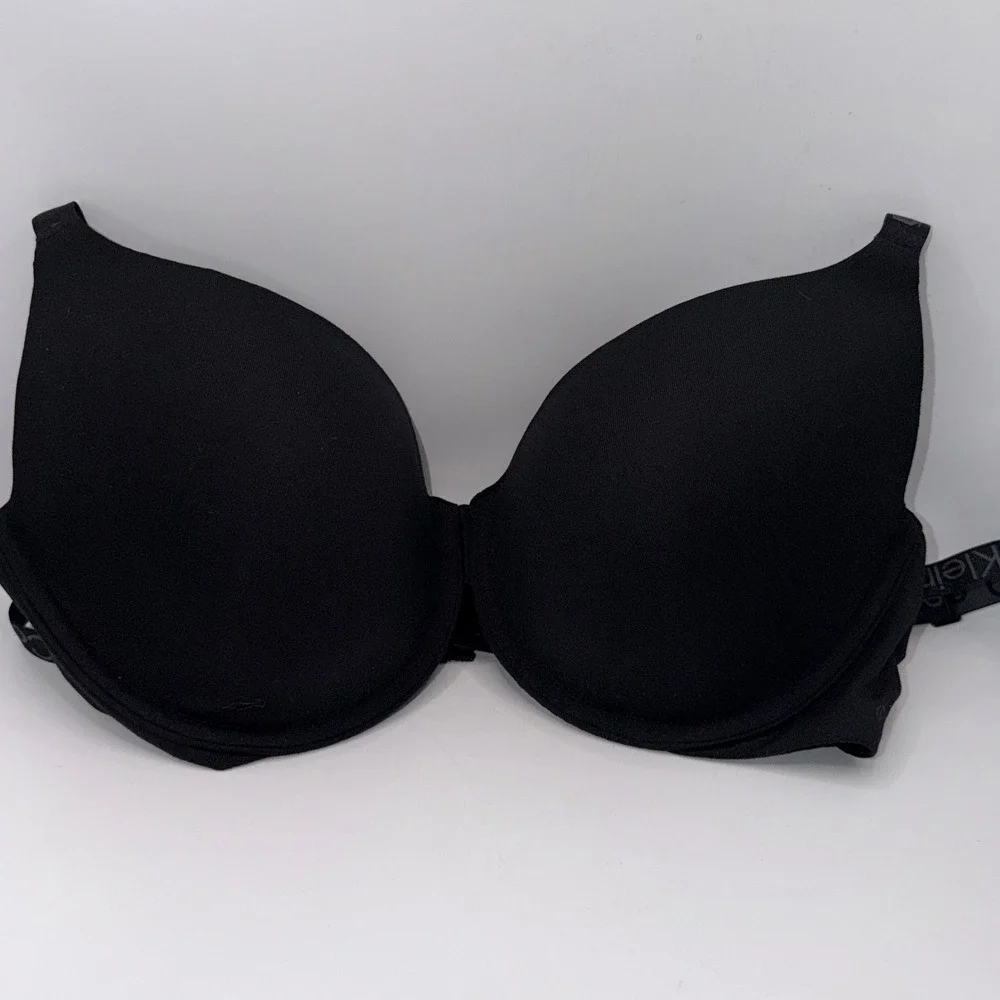 Calvin Klein 36C Microfiber Pure Stretch Push Up Plunge Bra Black Logo Everyday